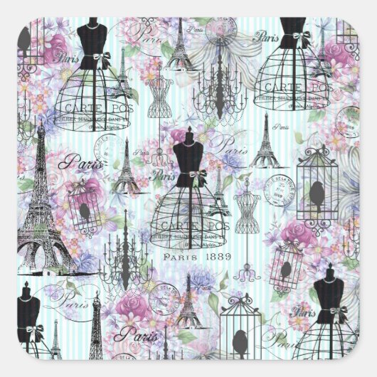 strepen Eiffeltoren collage florale Vierkante Sticker (Voorkant)