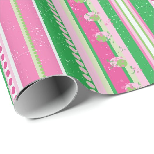 Strepen en Abstracte Planeten, Roos Roze en Groen Cadeaupapier (Rol Hoek)