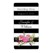 Strepen en bloemen Bruiloft Mini Wijn Label (Voorkant)