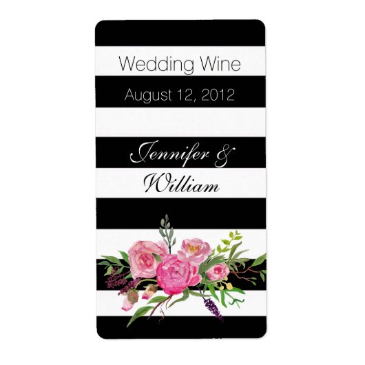 Strepen en bloemen Bruiloft Mini Wijn Label (Voorkant)
