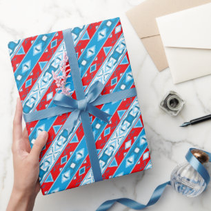Strepen en geometrische vormen van rood blauw wit cadeaupapier