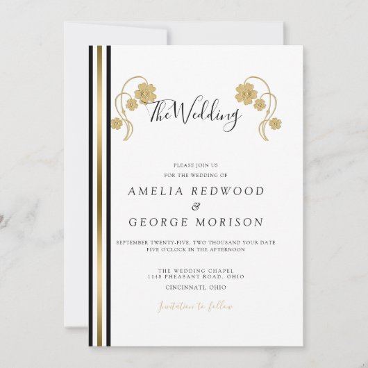 Strepen en gouden bloemen bruiloft kaart (Voorkant)