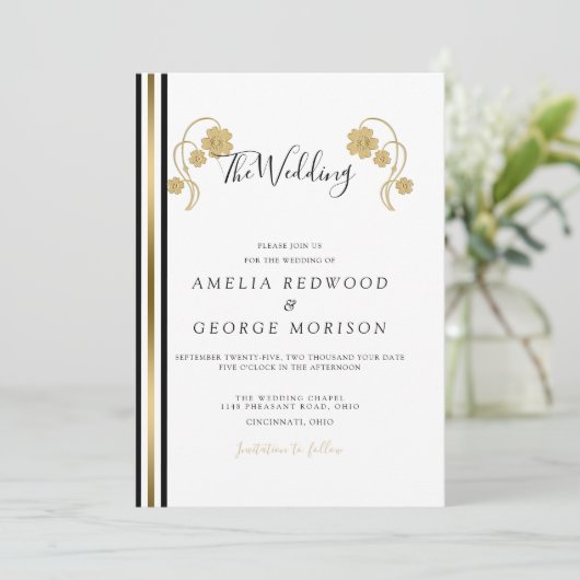 Strepen en gouden bloemen bruiloft kaart (Staand voorkant)