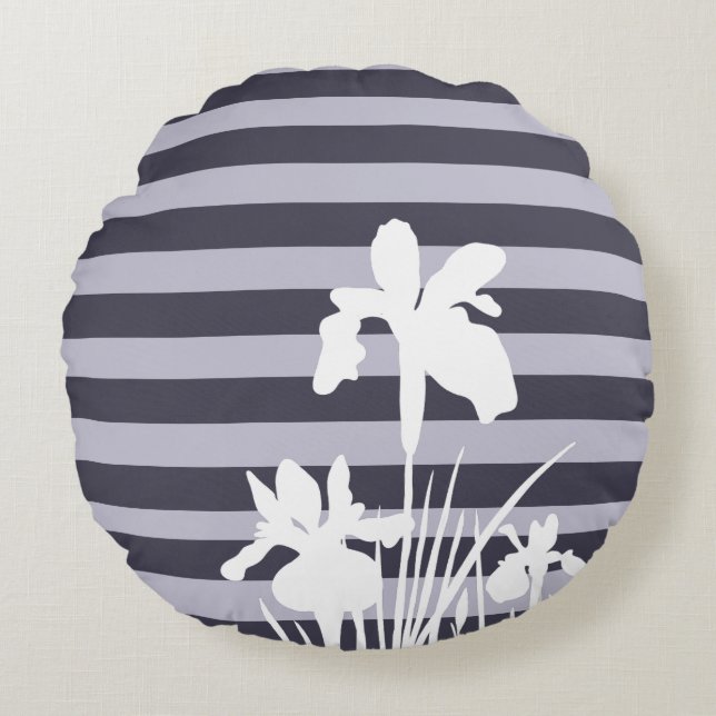 Strepen en iris bloemen silhouet rond kussen (Voorkant)