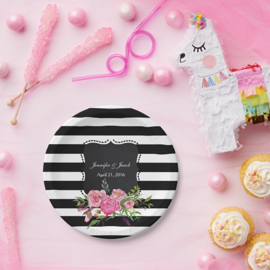 Strepen en Pioenrozen Trouwpapier Bord (Feest)