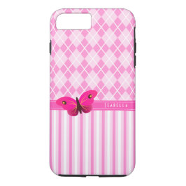 Strepen en Roze Argyle Patroon Vlinder Duurzaam Case-Mate iPhone Case