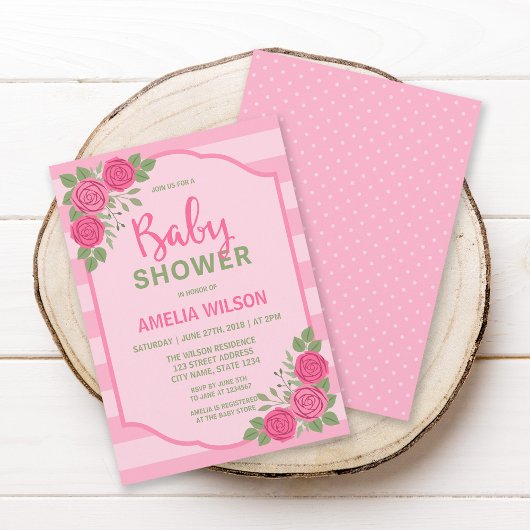 Strepen en Rozen Roze Meisje Baby shower Invitatio Kaart