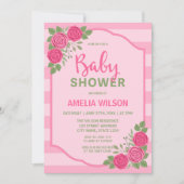 Strepen en Rozen Roze Meisje Baby shower Invitatio Kaart (Voorkant)