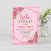Strepen en Rozen Roze Meisje Baby shower Invitatio Kaart (Staand voorkant)