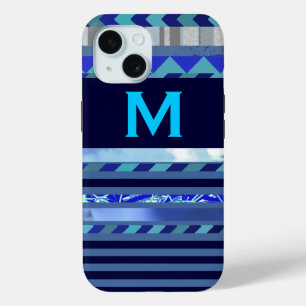 strepen en turquoise blauw M aangepast initiaal iPhone 15 Case