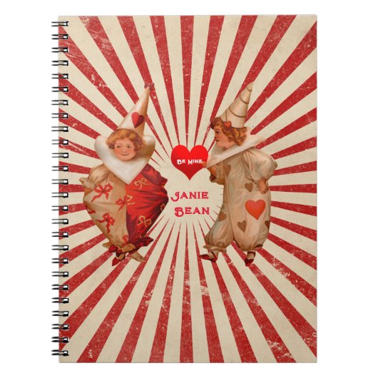 Strepen en vintage Valentijnsclowns met hart  Notitieboek (Voorkant)