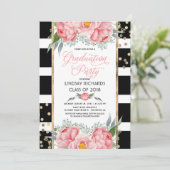 Strepen, Goud en Roze Bloemen Afstudeerfeest Kaart (Staand voorkant)