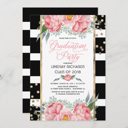 Strepen, Goud en Roze Bloemen Afstudeerfeest Kaart (Voorkant / Achterkant)