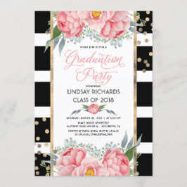 Strepen, Goud en Roze Bloemen Afstudeerfeest Kaart