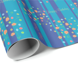 Strepen in blauw met kleine perzikkleurig bloemetj cadeaupapier