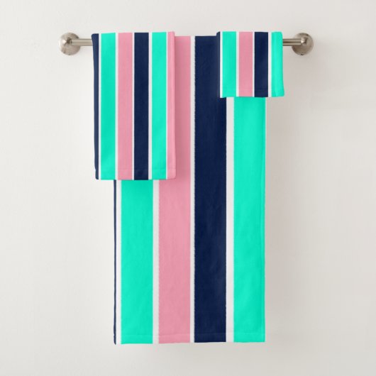 Strepen in Mint Green, Pink en Navy Blue Bad Handdoek (Insitu)