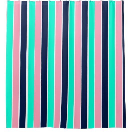 Strepen in Mint Green, Pink en Navy Blue Douchegordijn (Voorkant)