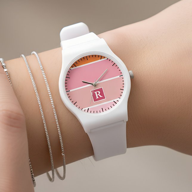 strepen in roze, wit en oranje met monogram horloge (pink striped feminine watch)
