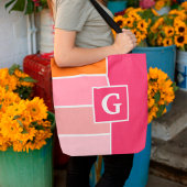 strepen in roze, wit en oranje met monogram tote bag