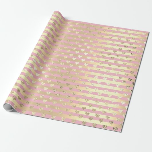 Strepen Lijnen Harten Champaigne Goud Roze Pastel Cadeaupapier (Uitgerold)