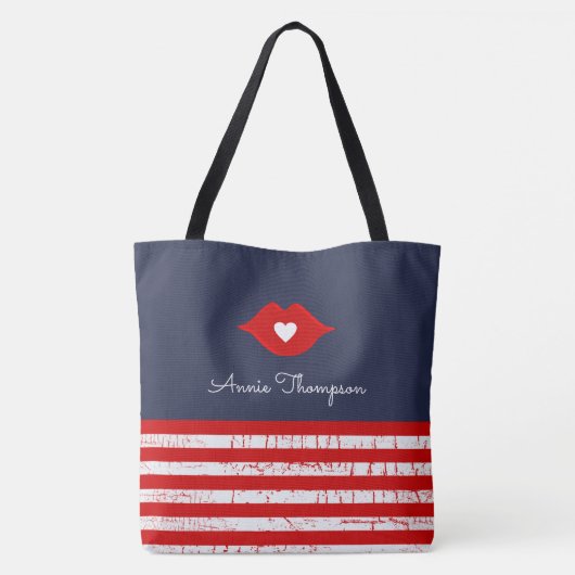 Strepen, lippen & liefde hart stijlvolle canvas ta tote bag (Achterkant)