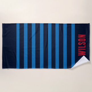 Strepen marineblauw en rode monogram naam strandlaken