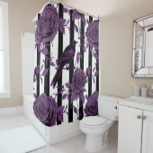 Strepen Met Paarse Rozen en Kraaien Douchegordijn (In situ)