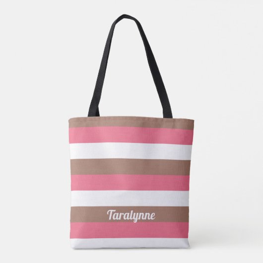 Strepen Mocha Bruin Roze Wit Personaliseren Tote Bag (Achterkant)