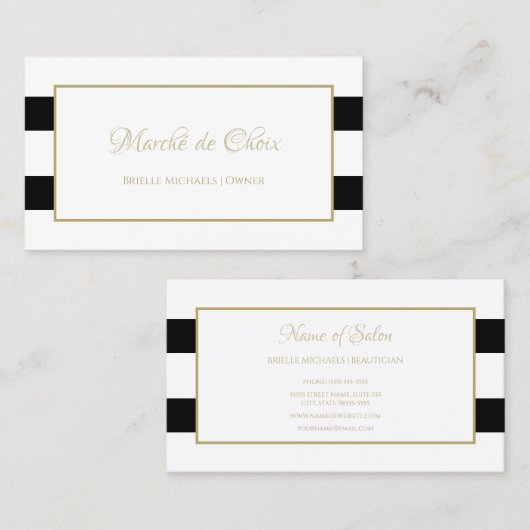 Strepen Modern Zwart Wit Goud Script Boutique Visitekaartje (Voorkant / Achterkant)