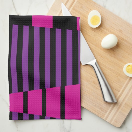 Strepen op Strepen - Roze, Paarse, Blauw en Zwart Theedoek (Quarter Fold)