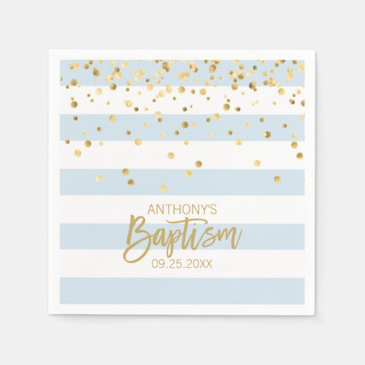 Strepen Pastel Blauw Goud JONGEN DOOP Servet (Voorkant)