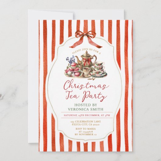 Strepen Rood Lint Kerst Vintage Thee Feestje Kaart (Voorkant)