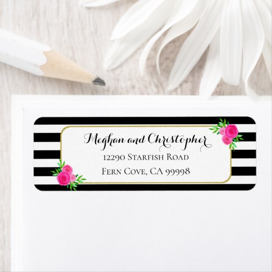  strepen roze bloemenbruiloft retouradres etiket (Insitu)
