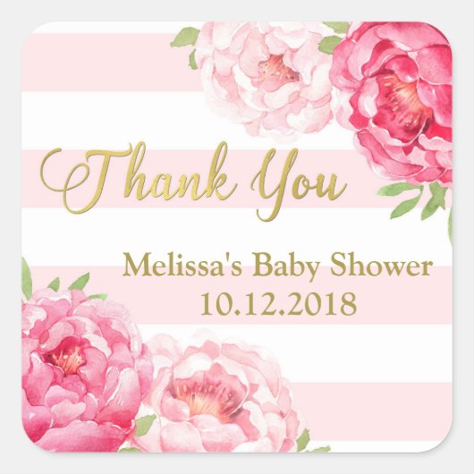 Strepen Roze Blush Bloemen Baby shower Dank u Vierkante Sticker (Voorkant)