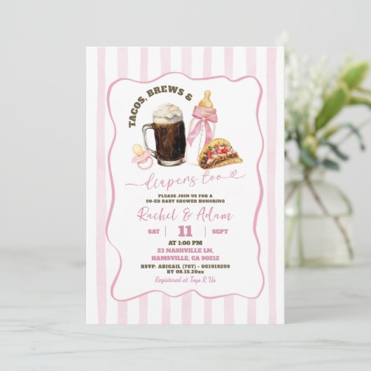 Strepen Roze Tacos Brouwt Luiers Meisje Baby showe Kaart (Staand voorkant)