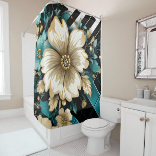 Strepen ruit beige blauwe bloemen douchegordijn