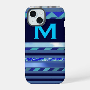 strepen & turquoise blauwe M aangepaste initiaal iPhone 15 Hoesje