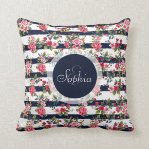 Strepen van de vintage rozen de bloemenwatercolour kussen