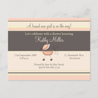 Strepen & wandelwagen Roze · Baby shower Uitnodigi Uitnodiging Briefkaart