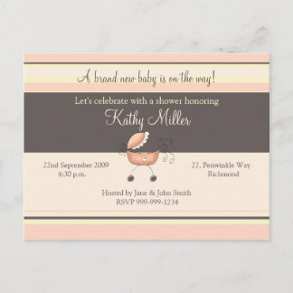 Strepen & wandelwagen Roze · Baby shower Uitnodigi Uitnodiging Briefkaart
