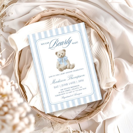 Strepen We Can Bearly Wait Teddybeer Babyshower Kaart