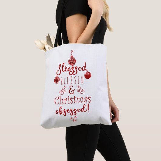 Stressed Blessed & Christmas Obsessed Red White Tote Bag (Dichtbij)