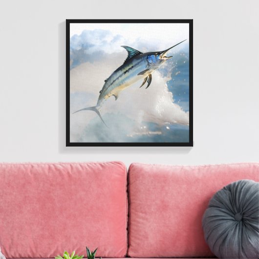 Stretched Canvas Print with Jumping Marlin (Insitu (Woonkamer))
