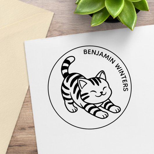 Stretchende Tabby Kat Aangepaste Tekst Rubberstempel