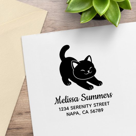 Stretching Black Cat Address Rubberstempel
