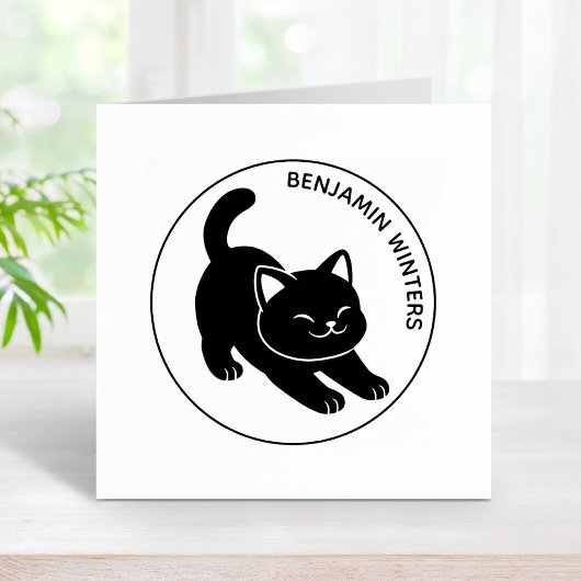 Stretching Black Cat Custom Text Rubberstempel
