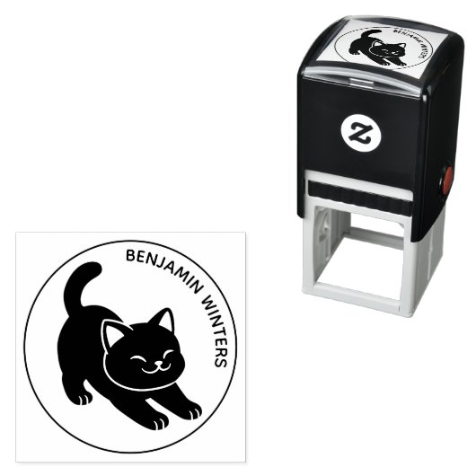 Stretching Black Cat Custom Text Zelfinktende Stempel (In situ)