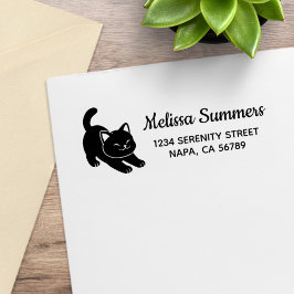 Stretching Black Cat Return Address Rubberstempel