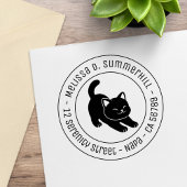 Stretching Black Cat Round Address Rubberstempel