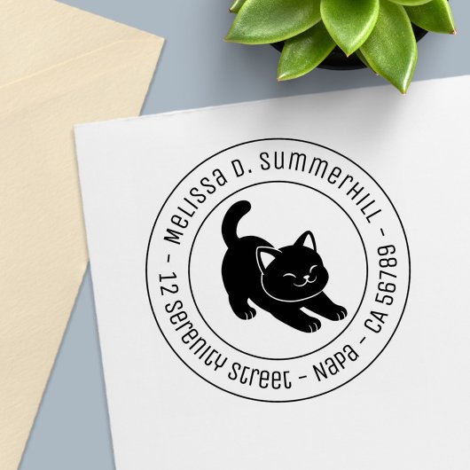 Stretching Black Cat Round Address Zelfinktende Stempel